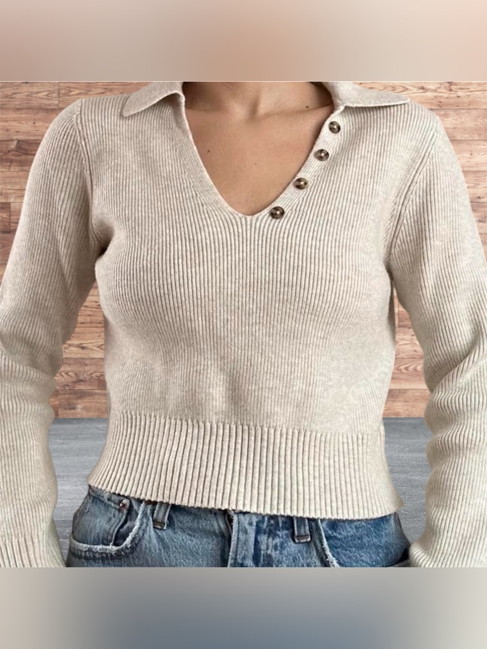 Ribbed V-Neck Button-Accent Sweater - Cream